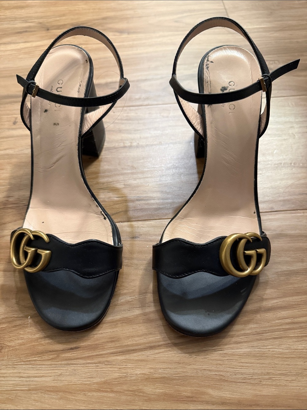 Gucci Black Leather Double G Block Heel Slingback Sandals